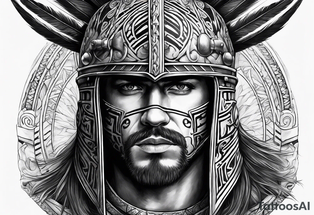 Spanish warrior with helmet and facing forward, needs to blend in a large barcode on the top, so helmet or banner should blend that in. tattoo idea