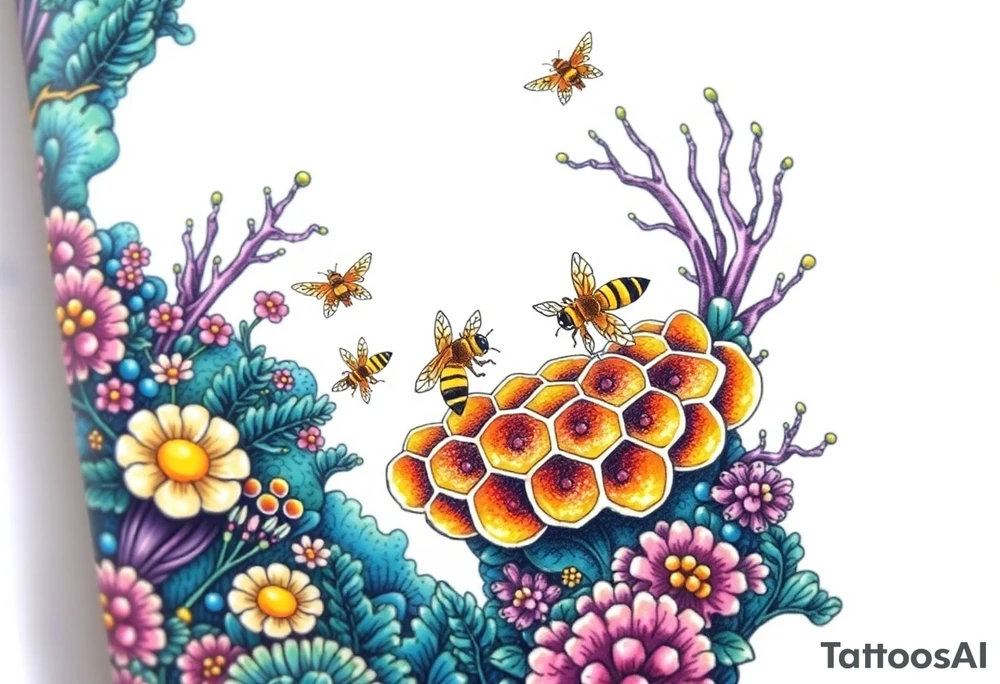 Coral reef scene with honey bees swimming on honey comb tattoo idea