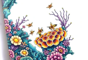 Coral reef scene with honey bees swimming on honey comb tattoo idea