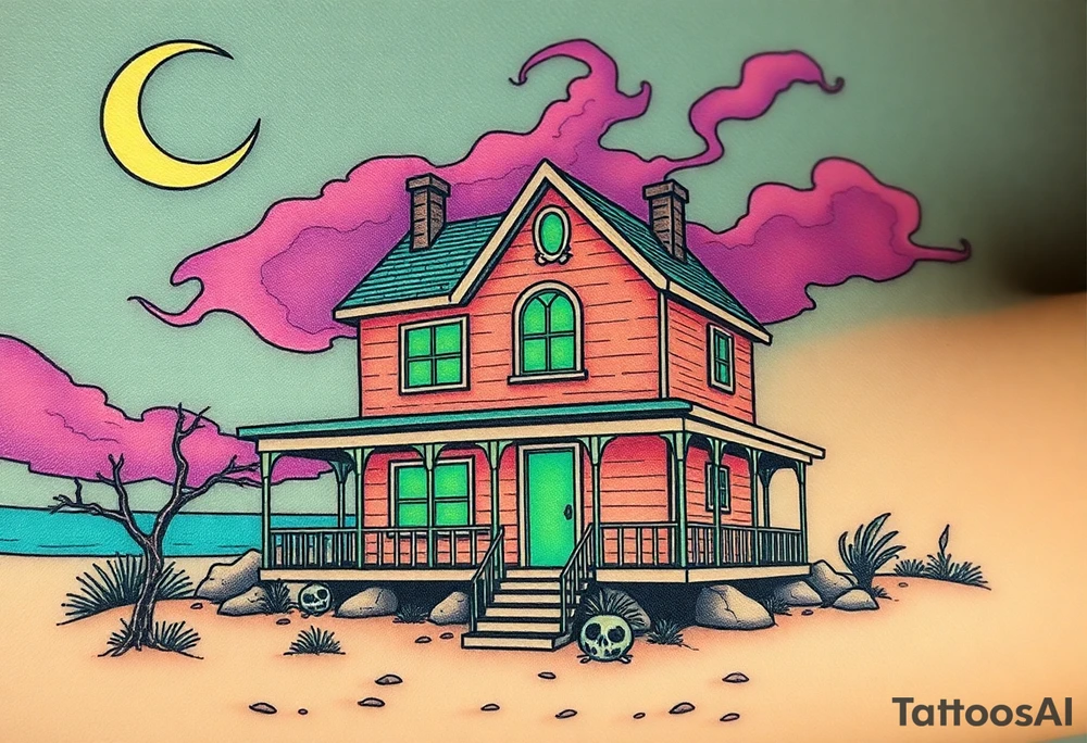 Tim Burton’s haunted pastel beach home is abandoned and dripping with muted reds, dusty pinks, and eerie green glow.purple and cyan smokey clouds swirl in the crescent moonlit sky thats sprinkled with stars tattoo idea tattoo idea