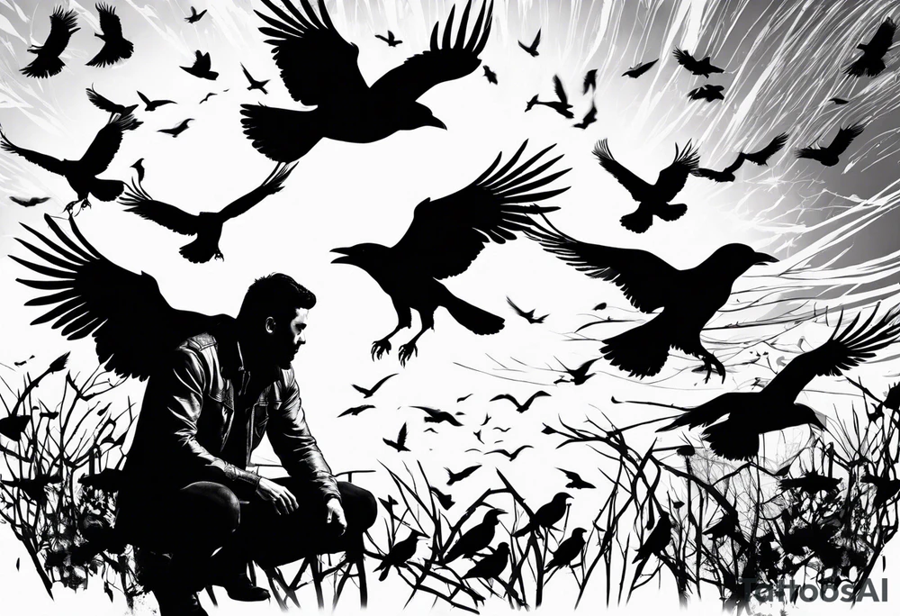Silhouette of a man on his knees bent over with crows flying out his back like pieces of him flying away. tattoo idea