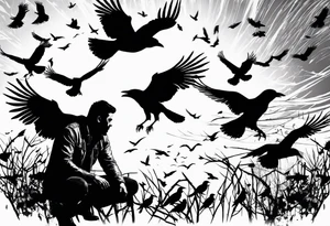Silhouette of a man on his knees bent over with crows flying out his back like pieces of him flying away. tattoo idea