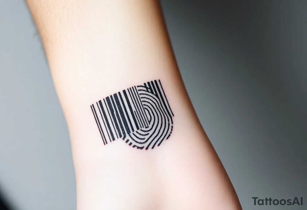 A barcode seamlessly merging into a fingerprint, symbolizing love that is unique and irreplaceable. tattoo idea