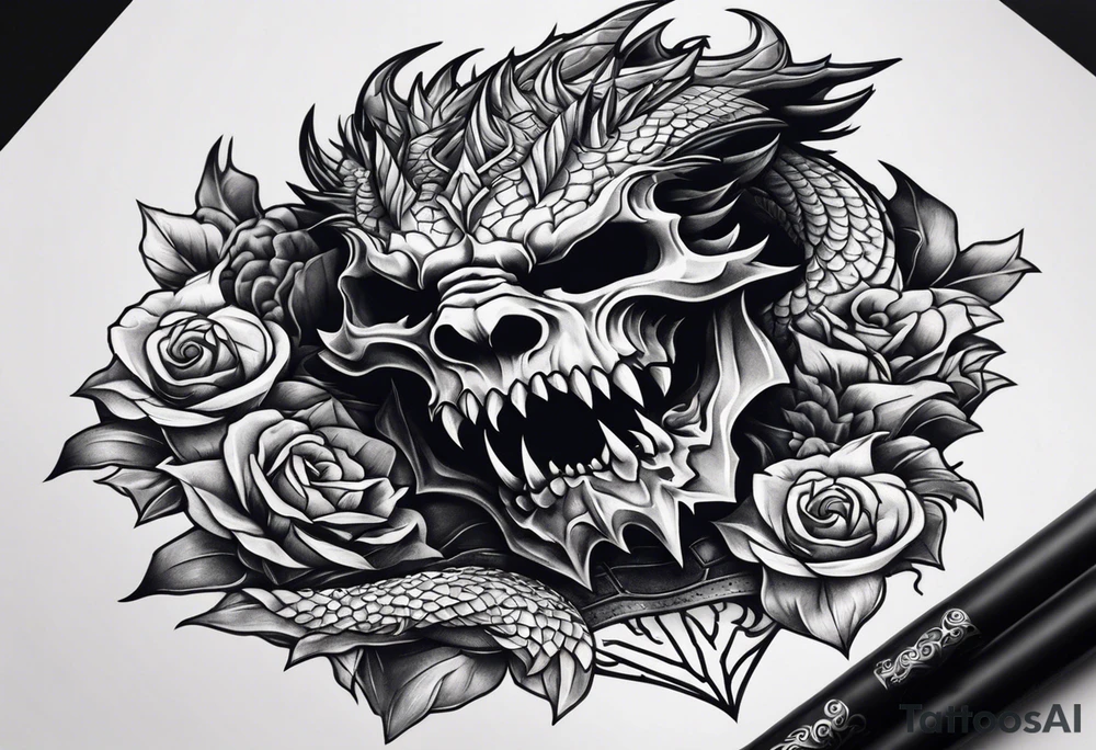 Dark skull and dragon tattoo idea