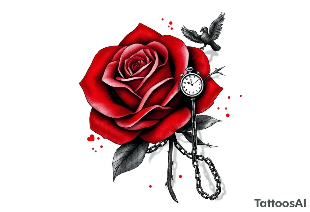Tattoo Concept: Resilience Through Trauma and Growth

A black and grey tattoo with elements of red to highlight pain, transformation, and survival. The design features:
	•	A large rose with thorns as the centerpiece. The petals are partially wilting and torn, symbolizing past trauma, while new petals blooming from the same stem represent growth and healing.
	•	A broken chain intertwined with the rose’s stem, representing breaking free from past pain. Some links remain intact to acknowledge the lasting impact of trauma.
	•	A semicolon (;) subtly integrated into the stem or thorns, signifying perseverance and that your story continues.
	•	A clock or hourglass, cracked but still intact, symbolizing the way trauma distorts time but does not halt progress.
	•	A rosary wrapped around the rose, leading to a cross near the top. The cross represents faith, strength, and survival. The chain of the rosary has a broken link, showing resilience after hardship.
	•	A phoenix emerging from the petals, symbolizing rebirth, transformation, and rising from the ashes of past struggles.
	•	A shadowy, fading silhouette behind the rose, representing your past self—acknowledged but no longer in control.
	•	A butterfly or moth near the blooming petals, representing transformation and perseverance through darkness.
	•	Soft shading with some red ink highlights, especially on the thorns, broken chains, and phoenix flames, emphasizing pain and strength As the woman I am today tattoo idea