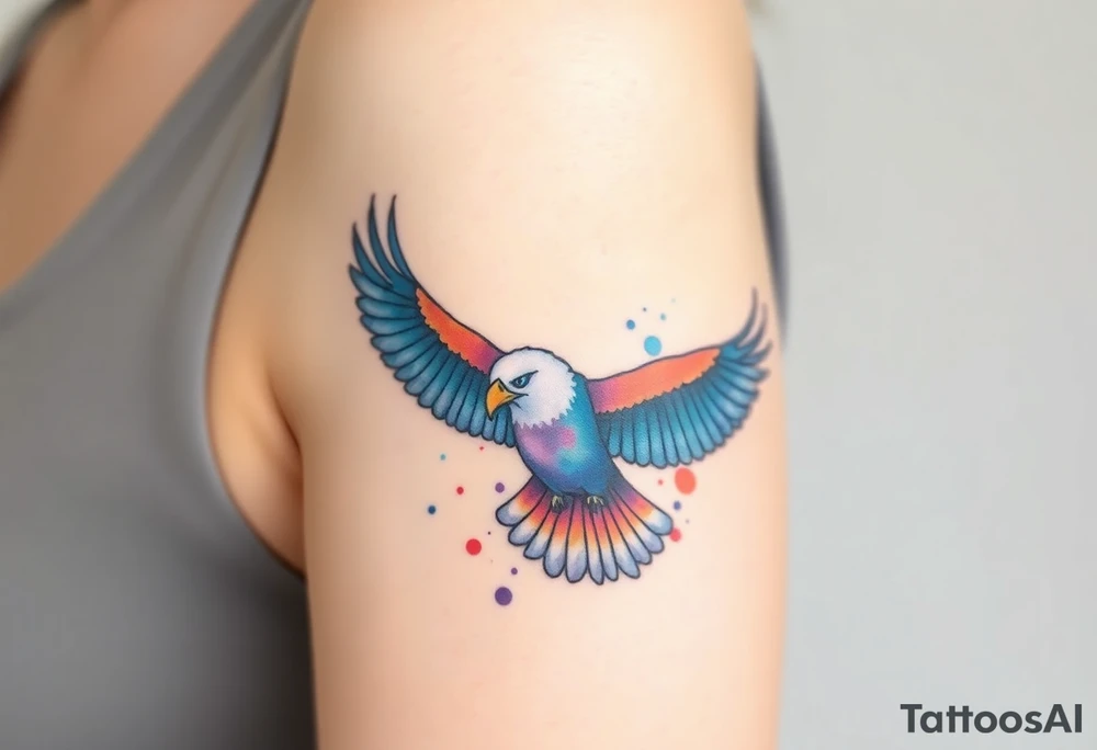 A watercolor eagle with splashes of deep blues, purples, and oranges, blending into a dreamlike sky tattoo idea