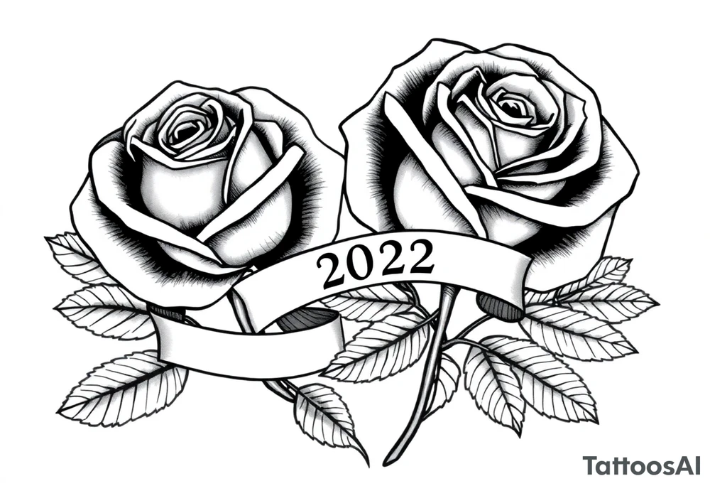 two beautiful large rose buds, one larger than the other, with lots and lots of leaves next to the rose buds, with one sitting slightly higher than the other, side-by-side.  Include a banner connecting the two roses with the year 2025 on it.   Use dark outlines with little shading. Remove all stems from the roses. tattoo idea