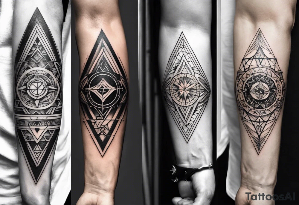 Fine line tattoo in the left forearm on the bottom side. The tattoo will have three shapes placed in a triangle formation. The top shape will be a geometric heart that symbolizes health. The bottom left will have a compass rose as a symbol for purpose. The bottom right will have three circles placed in a triangle formation to symbolize family. Tattoo should be minimalist with just the shapes filled in and no ornaments tattoo idea