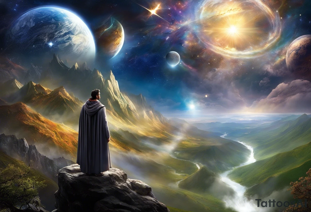Jehovah looking out at the marvels of his creation from the atoms to the galaxy and celestial beings. With grey wash and a fantasy theme. Jehovah has to be a character who is so majestic, charismatic, immensely powerful. There isnt a single thing he isnt capable of doing. Infinitely powerful forward facing. Without the pagan styled attire and without the pagan symbols etceterashirtless, large muscular athletic physique, deep muscle definition tattoo idea