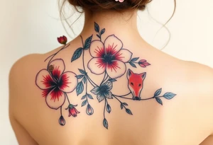 wild hibiscus and meadow flowers with morning dew drops and foxes tattoo idea