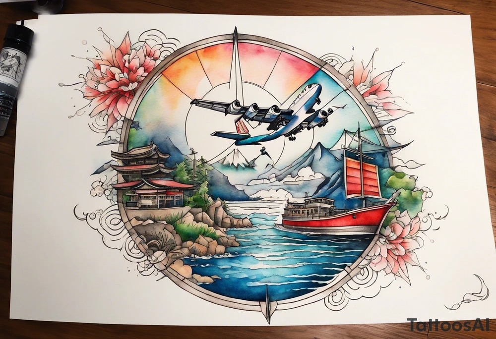 Travel themed for thigh, compass rose overlaid with a landmarks in and around it, spilled watercolor and tiny C130 jet plane silhouette and a tiny speed boat in the water tattoo idea