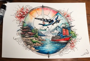 Travel themed for thigh, compass rose overlaid with a landmarks in and around it, spilled watercolor and tiny C130 jet plane silhouette and a tiny speed boat in the water tattoo idea