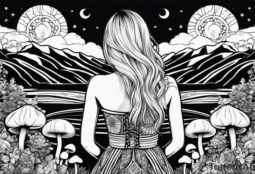 Straight blonde hair girl facing away toward mountains surrounded by mushrooms crescent moon mandala circular design black and white striped dress figure 8 tattoo idea