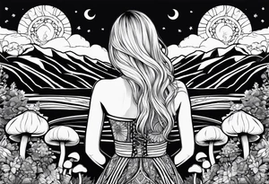 Straight blonde hair girl facing away toward mountains surrounded by mushrooms crescent moon mandala circular design black and white striped dress figure 8 tattoo idea