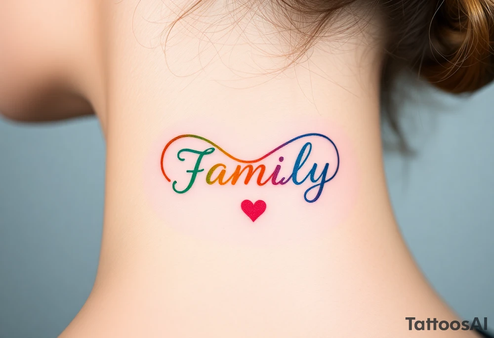 Rainbow Color infinity symbol and the word "family" engraved inside with hearts and kisses tattoo idea