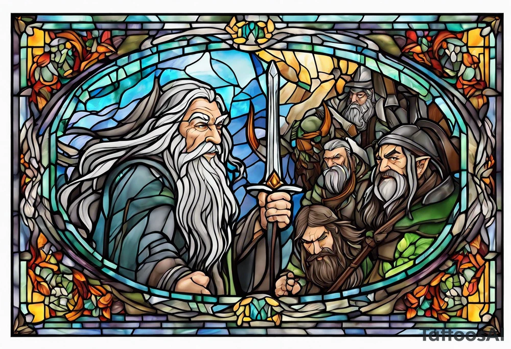 Gandalf fighting orcs in stained glass tattoo idea