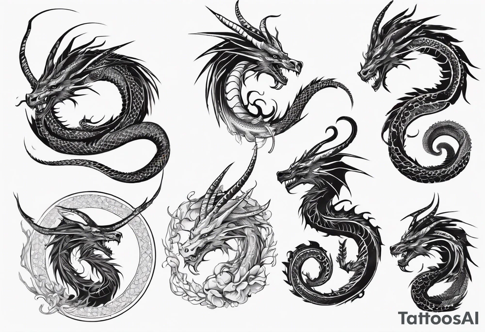 long dragon with horns, mane, scales tattoo idea