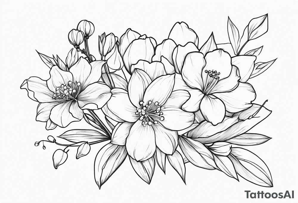 fine line flowers, vines, lily of the valley flower, aster flower, narcissus flower tattoo idea