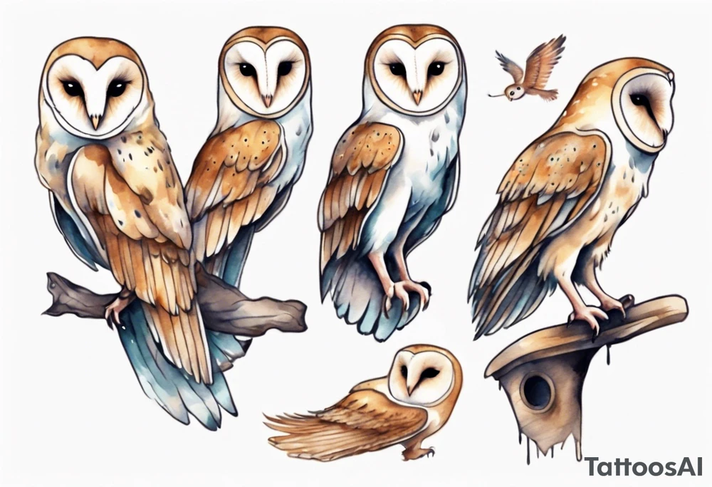 a barn owl with long legs, wearing pants and wooden shoes tattoo idea
