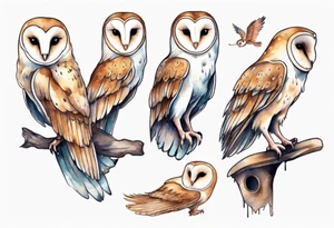 a barn owl with long legs, wearing pants and wooden shoes tattoo idea