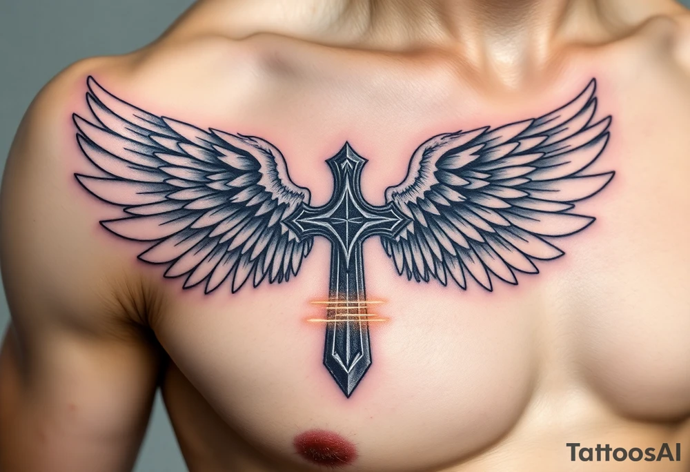 A silver gothic cross with large angelic wings, softly shaded in white and gray, glowing with divine golden light tattoo idea