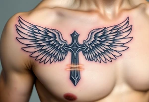 A silver gothic cross with large angelic wings, softly shaded in white and gray, glowing with divine golden light tattoo idea