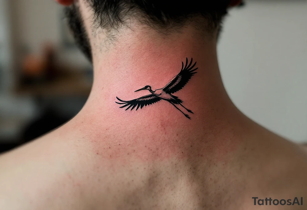 Stork silhouette flying above "Karolína – 9.9.2019 v 14:10", inked in subtle muted tones. tattoo idea