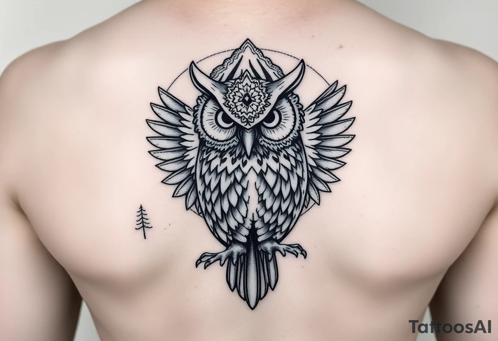 background of yosemite in  a owl black fine line tattoo tattoo idea
