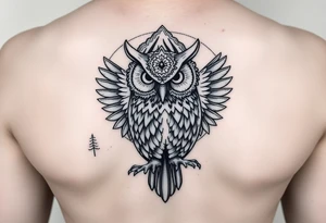 background of yosemite in  a owl black fine line tattoo tattoo idea