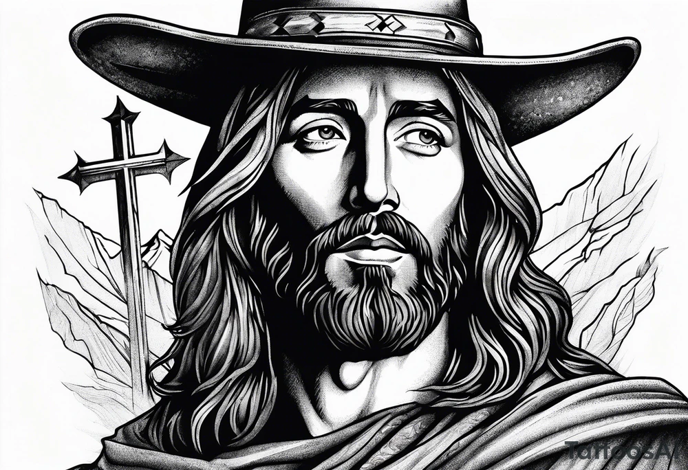 Jesus with three crosses at the bottom and a cowboy riding a horse tattoo idea