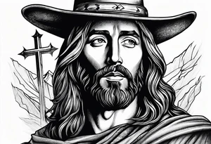 Jesus with three crosses at the bottom and a cowboy riding a horse tattoo idea