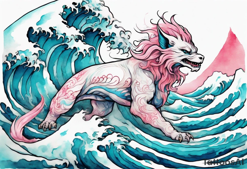 a beautiful turquoise pink and white Falkor rising from the blue waves of the ocean tattoo idea