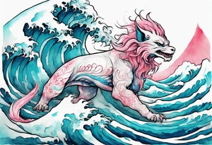 a beautiful turquoise pink and white Falkor rising from the blue waves of the ocean tattoo idea