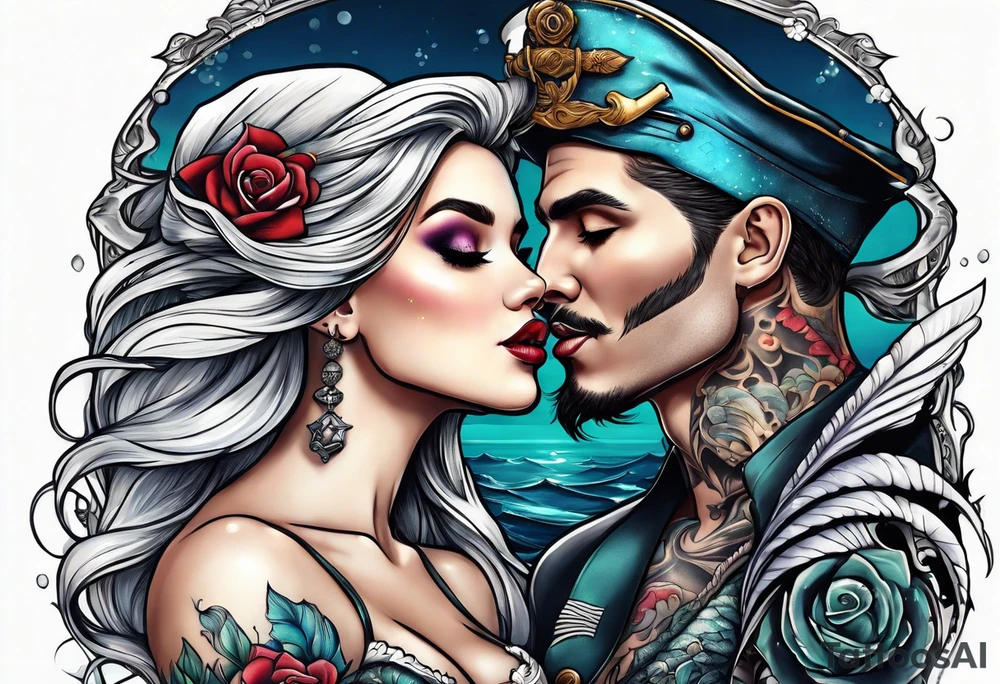 mermaid kissing a sailor with skulls tattoo idea
