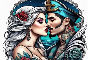 mermaid kissing a sailor with skulls tattoo idea