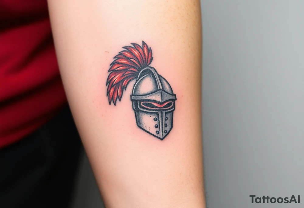 A knight’s helmet with a plume of red feathers, with intricate detailing and a mystical aura glowing from the visor tattoo idea