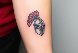 A knight’s helmet with a plume of red feathers, with intricate detailing and a mystical aura glowing from the visor tattoo idea