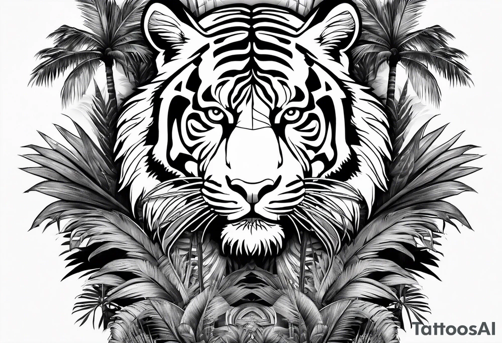 full tiger body climbing palm tree tattoo idea