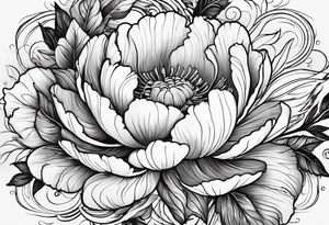 significativo, peonie e foglie legati tra loro che seguono la curva del fianco, rinascita tattoo idea