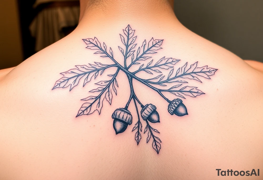 oak branch with thick leaves and acorns tattoo idea