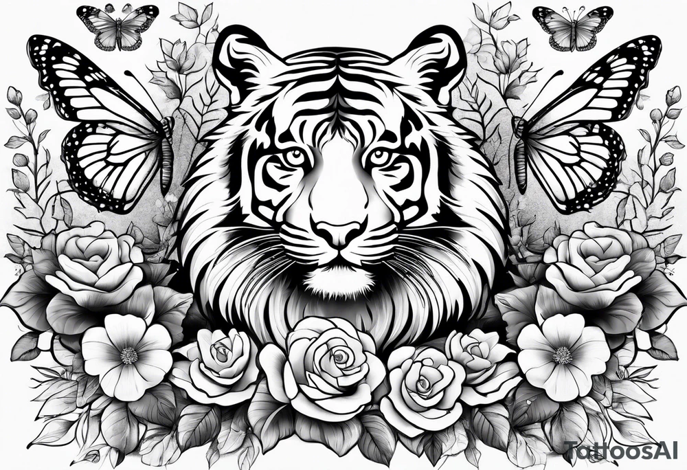 tiger, 3 buterflies, flowers tattoo idea