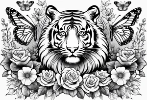 tiger, 3 buterflies, flowers tattoo idea