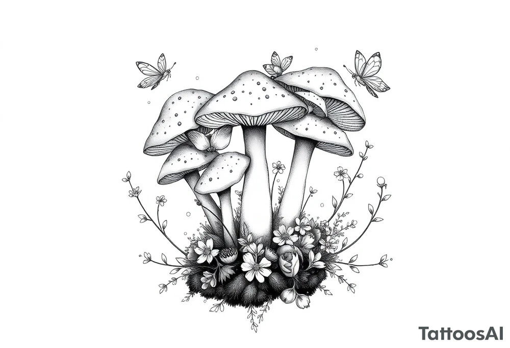 A flash tattoo design featuring mushrooms, wildflowers, and faeries could have a whimsical, nature-inspired aesthetic with fine line details and delicate shading. Here’s a concept:
	•	Central Focus: A cluster of mushrooms (such as fly agaric with speckled caps or delicate chanterelles) growing from a mossy base.
	•	Wildflowers: Sprigs of daisies, lavender, or forget-me-nots woven around the mushrooms for an organic, flowing look.
	•	Faeries: Tiny, ethereal faeries with butterfly or dragonfly wings interacting with the scene—one perched on a mushroom, another peeking from behind a flower, and a third in mid-flight, leaving a trail of sparkling dust.
	•	Additional Details: Twisting vines, tiny glowing orbs, and soft shading to create depth and enchantment. tattoo idea