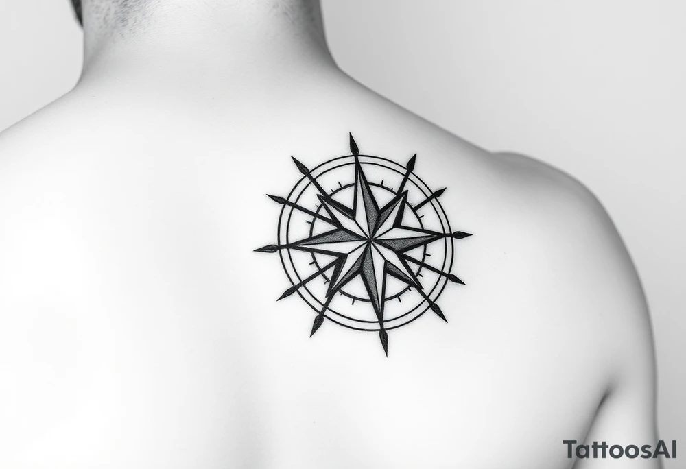intricate compass rose on upper right back shoulder of a man. black and white. include cardinal directions and make more detailed. tattoo idea