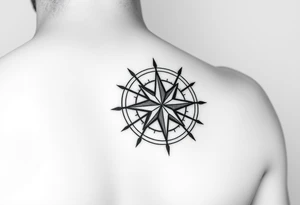 intricate compass rose on upper right back shoulder of a man. black and white. include cardinal directions and make more detailed. tattoo idea