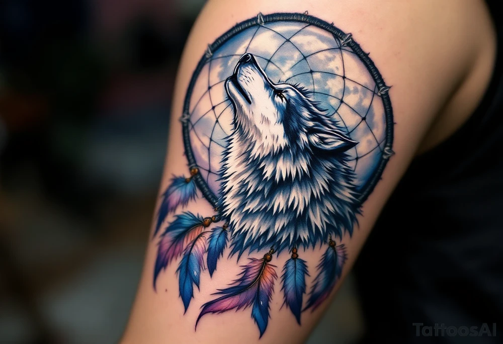 A powerful wolf howling at a full moon, surrounded by a detailed dreamcatcher. The feathers of the dreamcatcher are flowing with the wind, symbolizing freedom and spiritual connection. Deep blues and purples for the night sky, silver for the moon, rich greys and blacks for the wolf, and soft browns for the dreamcatcher feathers. tattoo idea