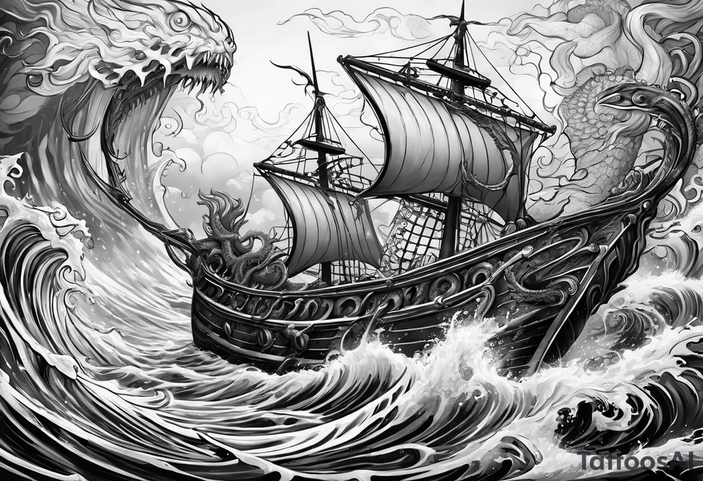 Kraken attacking Poseidon thrusting trident into monster tattoo idea