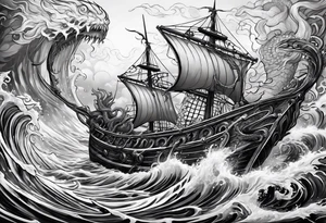 Kraken attacking Poseidon thrusting trident into monster tattoo idea