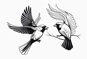 two cardinal birds flying 
fine line with some shading tattoo idea