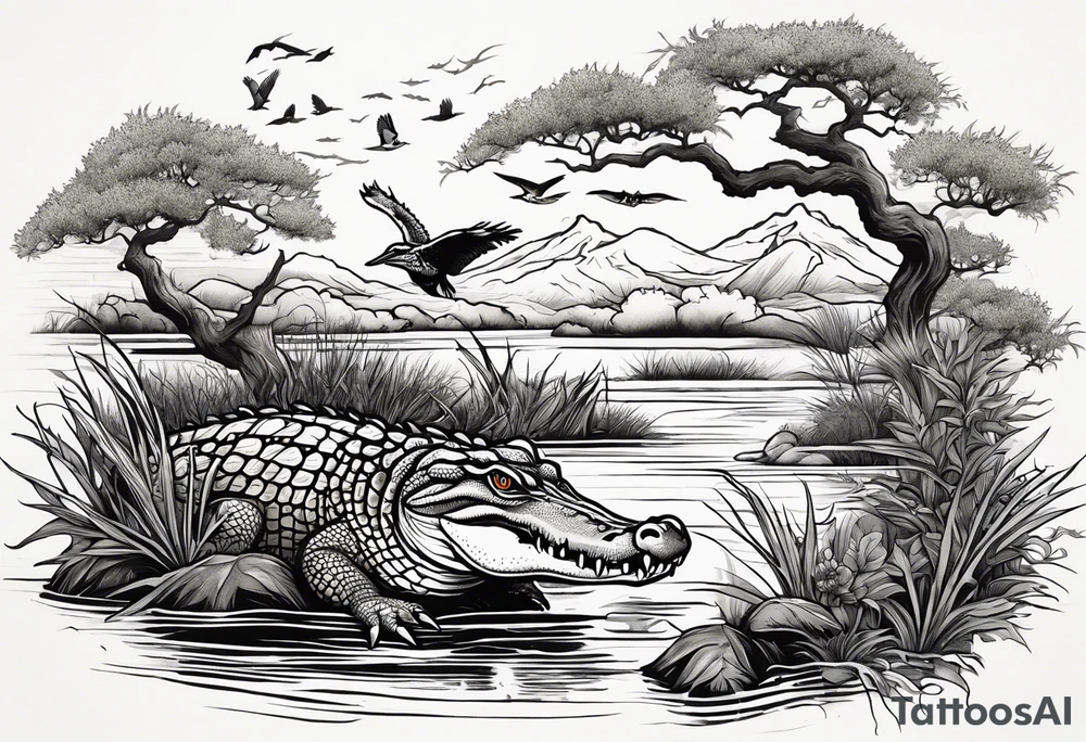 Scene live oak marsh birds alligator tattoo idea